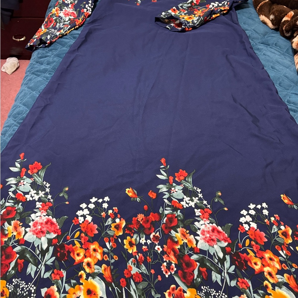 Red and Blue A-line Dress with Bishop Sleeves